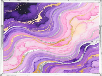 Marble Texture Purple Pink Serving Tray with Handles, 12x16 Inch Decorative Acrylic Tray Organizer, Multi-Purpose Sturdy Serving Platter for Coffee Table, Kitchen, Vanity, Nightstand