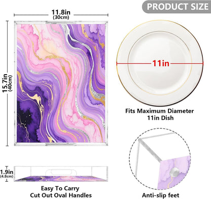 Marble Texture Purple Pink Serving Tray with Handles, 12x16 Inch Decorative Acrylic Tray Organizer, Multi-Purpose Sturdy Serving Platter for Coffee Table, Kitchen, Vanity, Nightstand