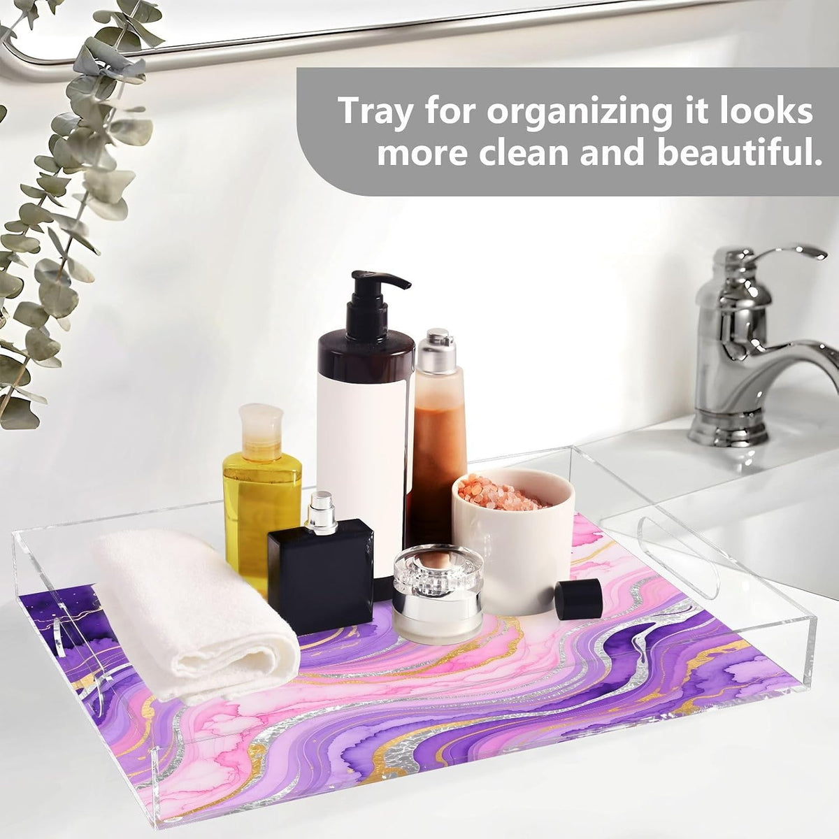 Marble Texture Purple Pink Serving Tray with Handles, 12x16 Inch Decorative Acrylic Tray Organizer, Multi-Purpose Sturdy Serving Platter for Coffee Table, Kitchen, Vanity, Nightstand