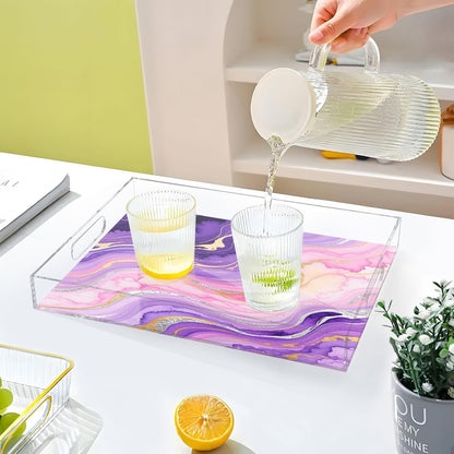 Marble Texture Purple Pink Serving Tray with Handles, 12x16 Inch Decorative Acrylic Tray Organizer, Multi-Purpose Sturdy Serving Platter for Coffee Table, Kitchen, Vanity, Nightstand