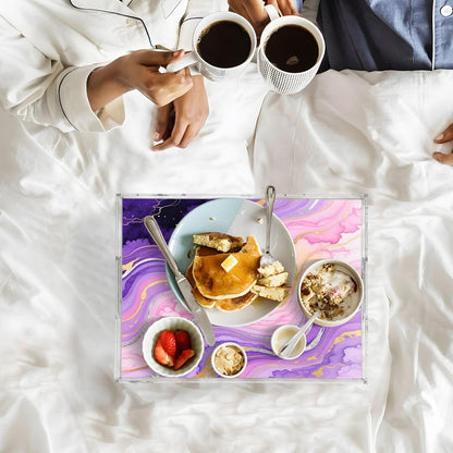 Marble Texture Purple Pink Serving Tray with Handles, 12x16 Inch Decorative Acrylic Tray Organizer, Multi-Purpose Sturdy Serving Platter for Coffee Table, Kitchen, Vanity, Nightstand