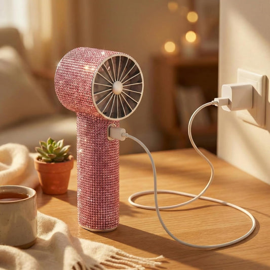 Portable Handheld Turbo Fan - Fashion Full Diamond 1800mAh USB Rechargeable Personal Battery Operated Mini Small Pocket Mini Fan for Travel/Outdoor/Vacation/Beach/Outdoor Activities (Pink)