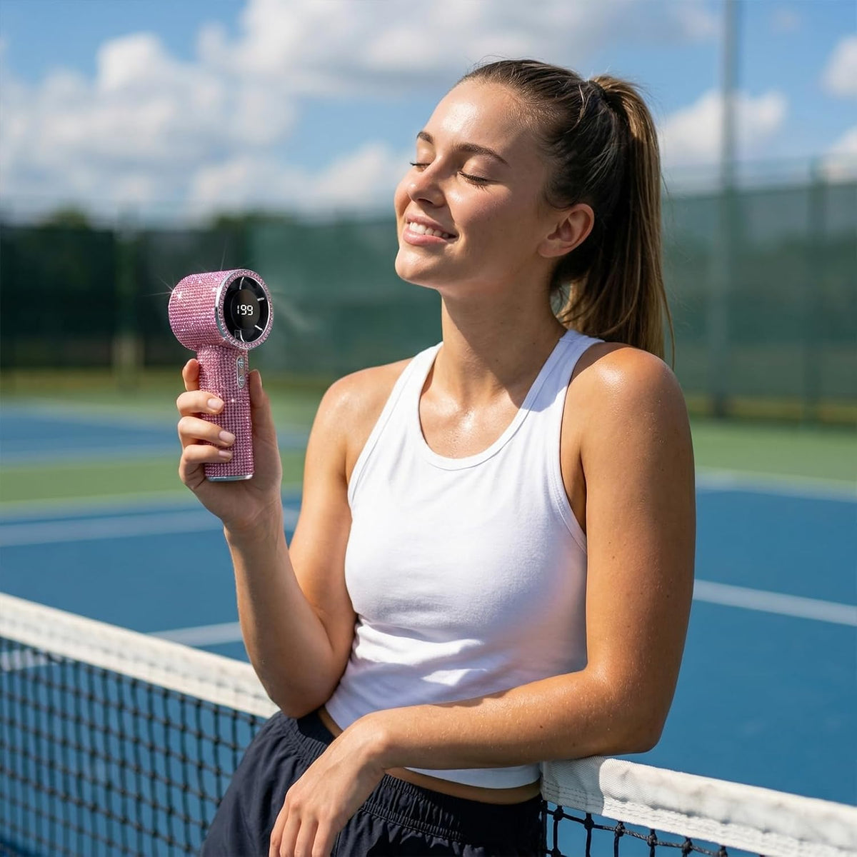 Portable Handheld Turbo Fan - Fashion Full Diamond 1800mAh USB Rechargeable Personal Battery Operated Mini Small Pocket Mini Fan for Travel/Outdoor/Vacation/Beach/Outdoor Activities (Pink)