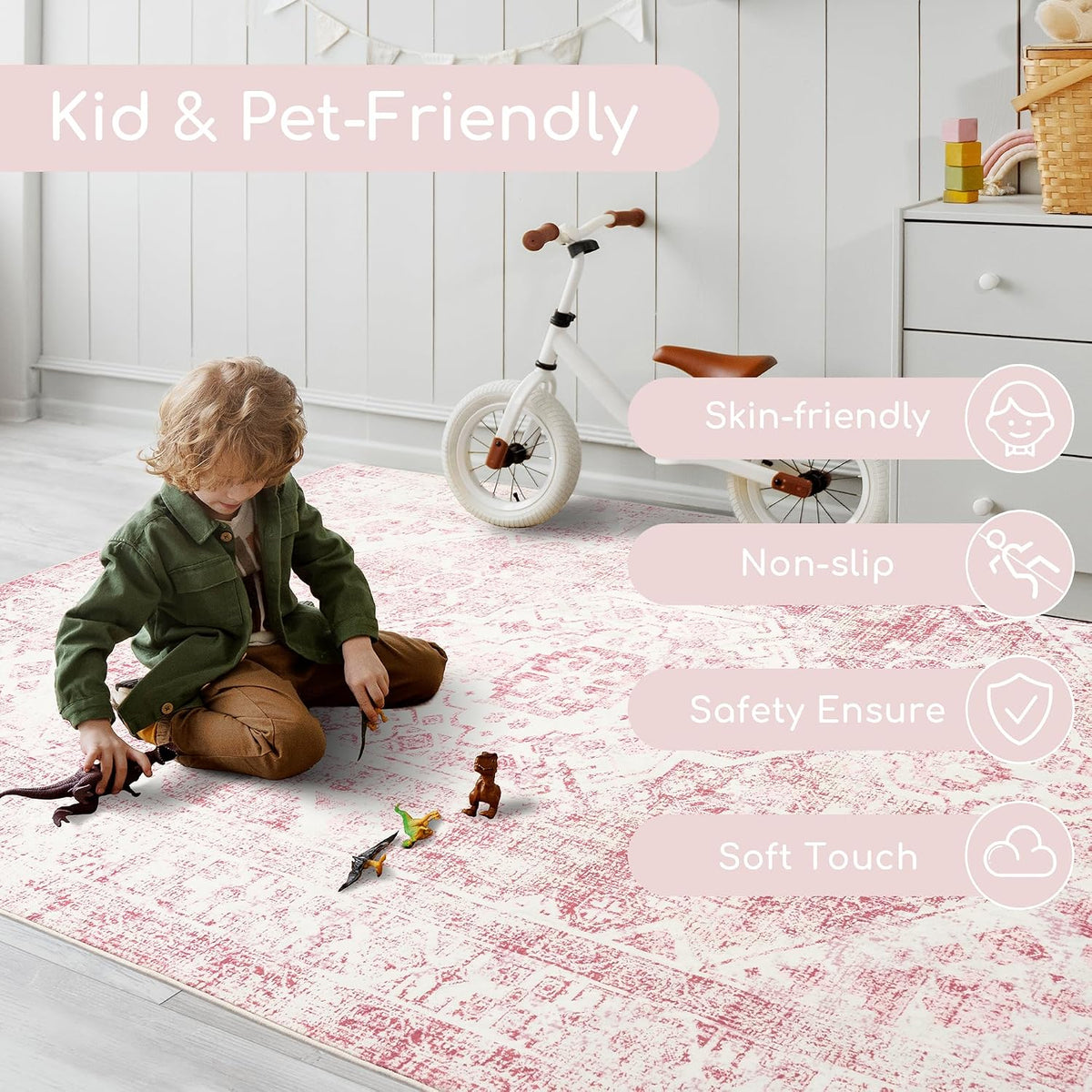 3x5 Washable Pink Area Rug, Upgraded Denser Surface Vintage Rugs, Honeycomb Non-Slip Backing Living Room Rug, Easy Care Foldable Rugs for Living Room Bedroom Kitchen Dinning Room Home Office