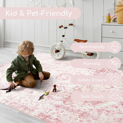 3x5 Washable Pink Area Rug, Upgraded Denser Surface Vintage Rugs, Honeycomb Non-Slip Backing Living Room Rug, Easy Care Foldable Rugs for Living Room Bedroom Kitchen Dinning Room Home Office