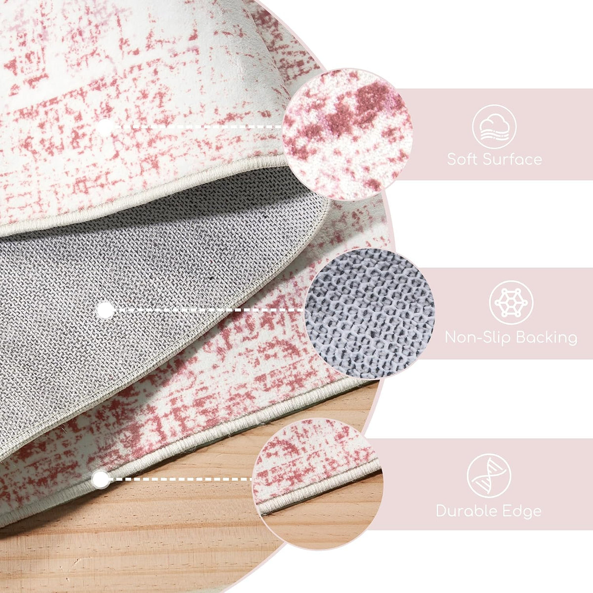3x5 Washable Pink Area Rug, Upgraded Denser Surface Vintage Rugs, Honeycomb Non-Slip Backing Living Room Rug, Easy Care Foldable Rugs for Living Room Bedroom Kitchen Dinning Room Home Office