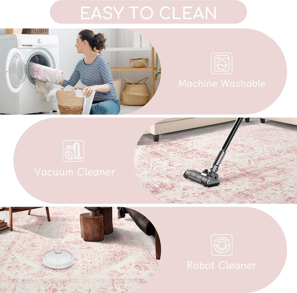 3x5 Washable Pink Area Rug, Upgraded Denser Surface Vintage Rugs, Honeycomb Non-Slip Backing Living Room Rug, Easy Care Foldable Rugs for Living Room Bedroom Kitchen Dinning Room Home Office