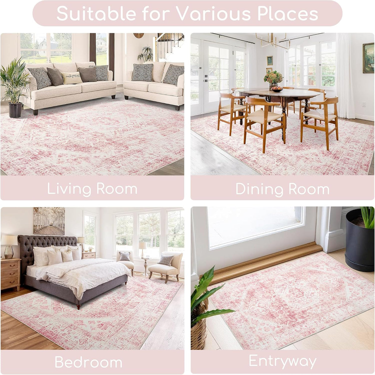 3x5 Washable Pink Area Rug, Upgraded Denser Surface Vintage Rugs, Honeycomb Non-Slip Backing Living Room Rug, Easy Care Foldable Rugs for Living Room Bedroom Kitchen Dinning Room Home Office