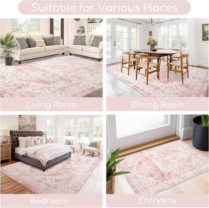 3x5 Washable Pink Area Rug, Upgraded Denser Surface Vintage Rugs, Honeycomb Non-Slip Backing Living Room Rug, Easy Care Foldable Rugs for Living Room Bedroom Kitchen Dinning Room Home Office