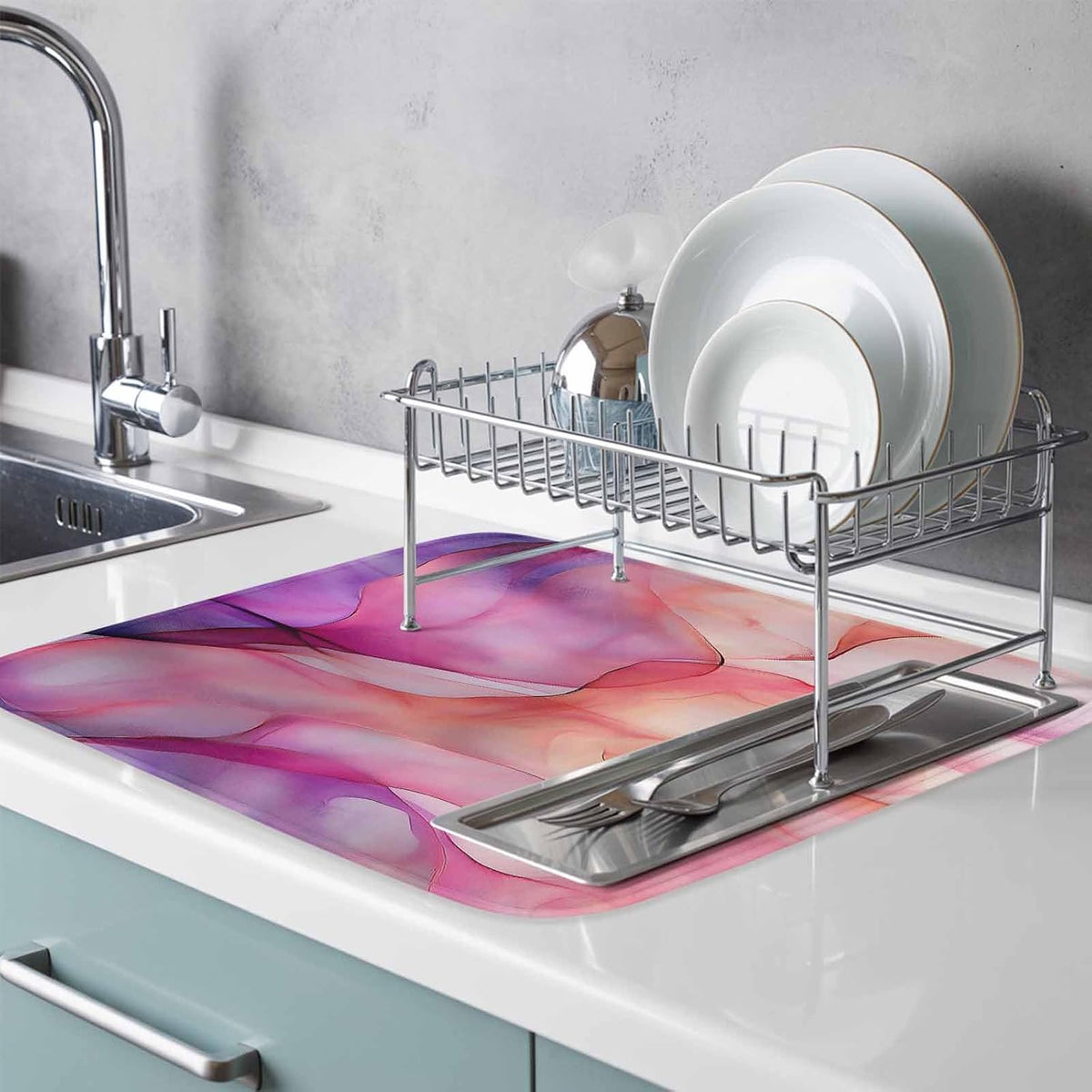 Dish Drying Mat Abstract Ombre Pink Marble Kitchen Counter Drying Pad for Dishes Glasses Cups and Cookware Modern Art Absorbent Dish Drying Mat Machine Washable Kitchen Accessories 2 Pack 18" x 24"