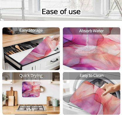 Dish Drying Mat Abstract Ombre Pink Marble Kitchen Counter Drying Pad for Dishes Glasses Cups and Cookware Modern Art Absorbent Dish Drying Mat Machine Washable Kitchen Accessories 2 Pack 18" x 24"
