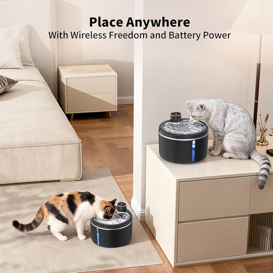 Cat Water Fountain Cordless, 108oz/3L Pet Fountains for Cats Indoor with Stainless Steel Tray, Battery Operated Cat Drinking Fountain with Motion Sens