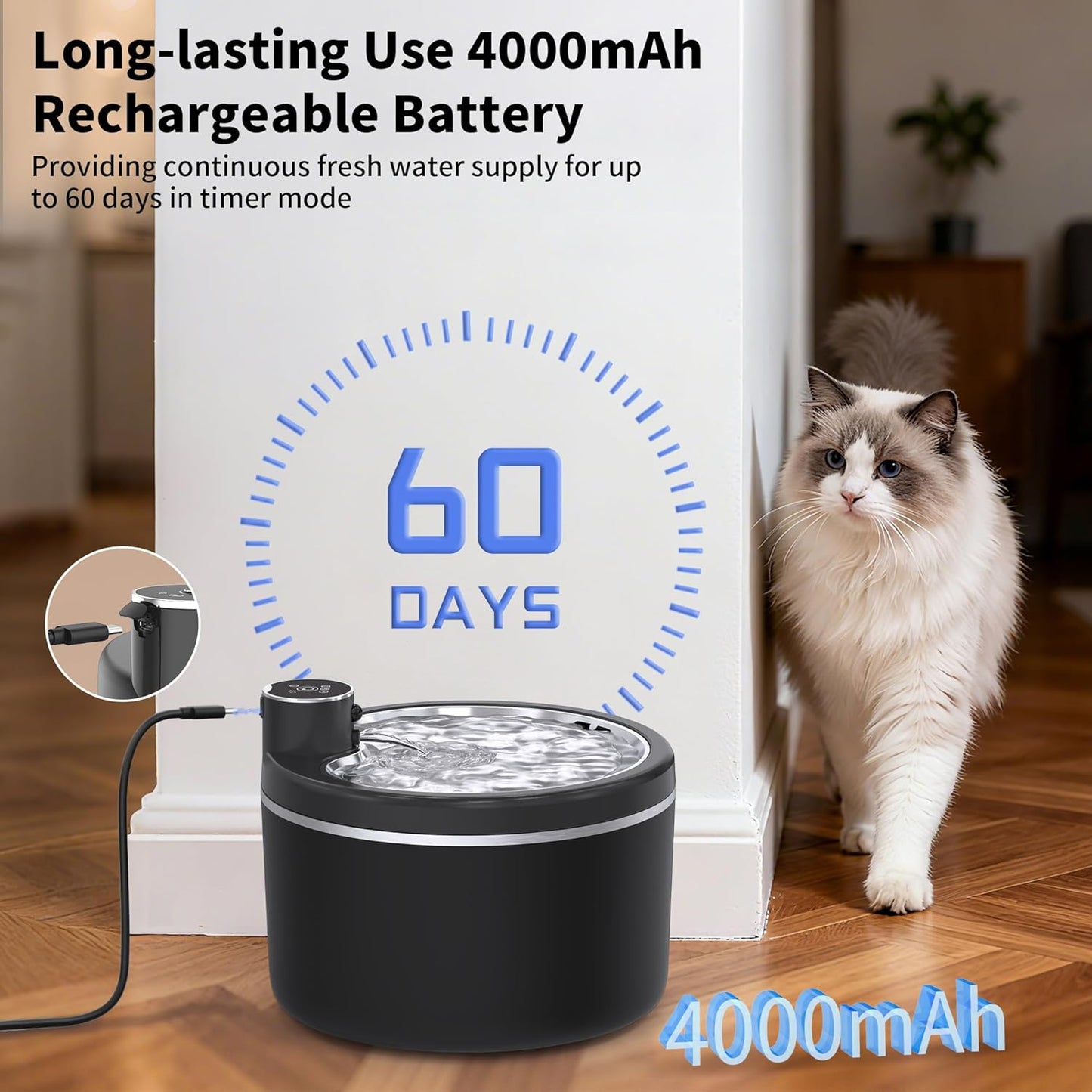 Cat Water Fountain Cordless, 108oz/3L Pet Fountains for Cats Indoor with Stainless Steel Tray, Battery Operated Cat Drinking Fountain with Motion Sens