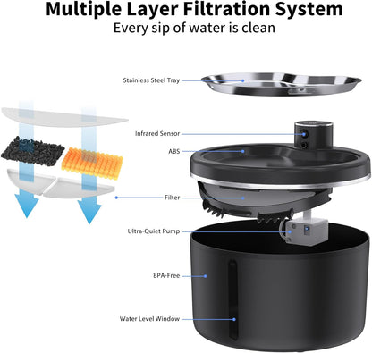 Cat Water Fountain Cordless, 108oz/3L Pet Fountains for Cats Indoor with Stainless Steel Tray, Battery Operated Cat Drinking Fountain with Motion Sens