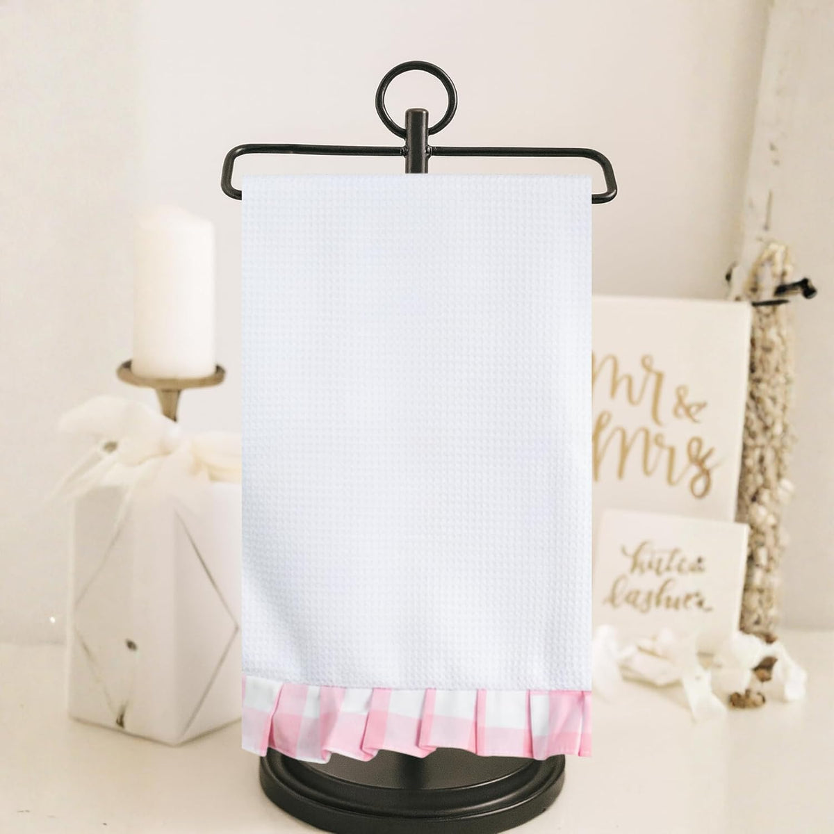 Light Pink Ruffle Waffle Kitchen Towel | Buffalo Plaid Hand Towel