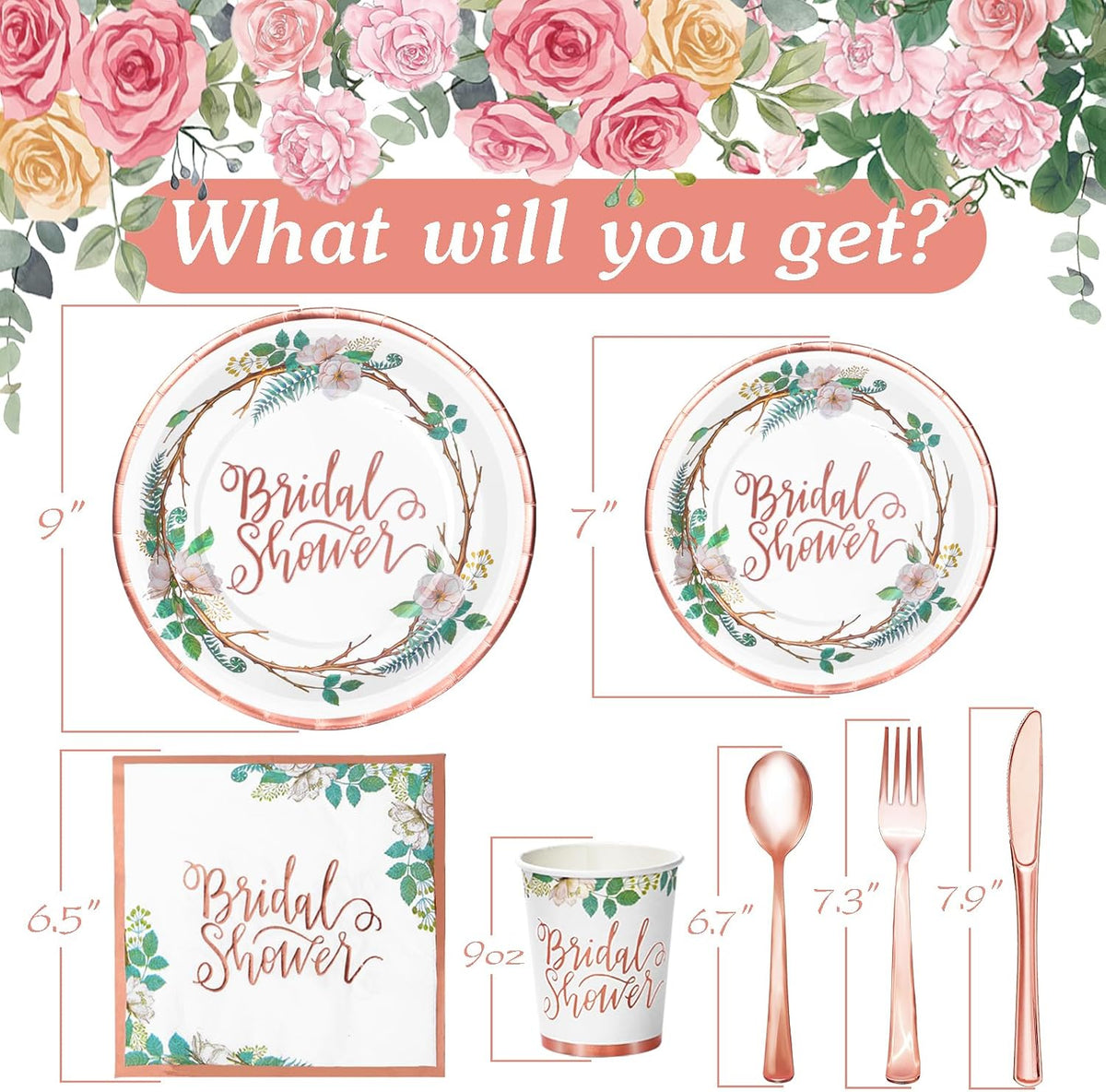 Rose Gold Bridal Shower Decorations, 168Pcs Bridal Shower Plates and Napkins Sets, Floral Paper Plates Serve 24, Love is In Bloom, Bride To Be, Wedding Shower, Bachelorette Party