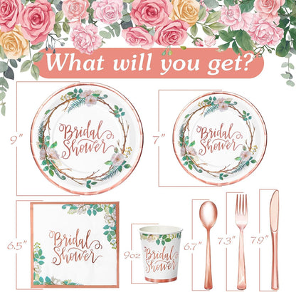 Rose Gold Bridal Shower Decorations, 168Pcs Bridal Shower Plates and Napkins Sets, Floral Paper Plates Serve 24, Love is In Bloom, Bride To Be, Wedding Shower, Bachelorette Party