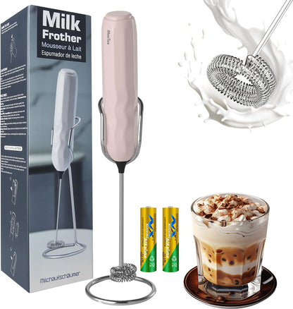 Ultra Fast Handheld Milk Frother Double Stainless Steel Whisk with Stand 2 Batteries for Matcha Coffee Bar Accessories Kitchen Gadgets Gift(Pink)