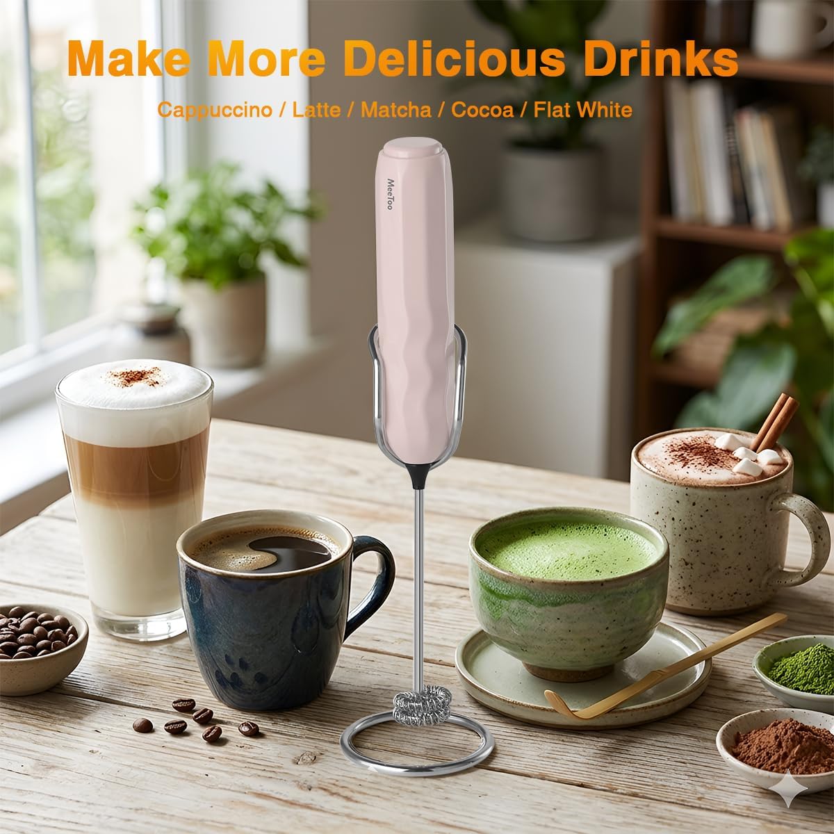 Ultra Fast Handheld Milk Frother Double Stainless Steel Whisk with Stand 2 Batteries for Matcha Coffee Bar Accessories Kitchen Gadgets Gift(Pink)