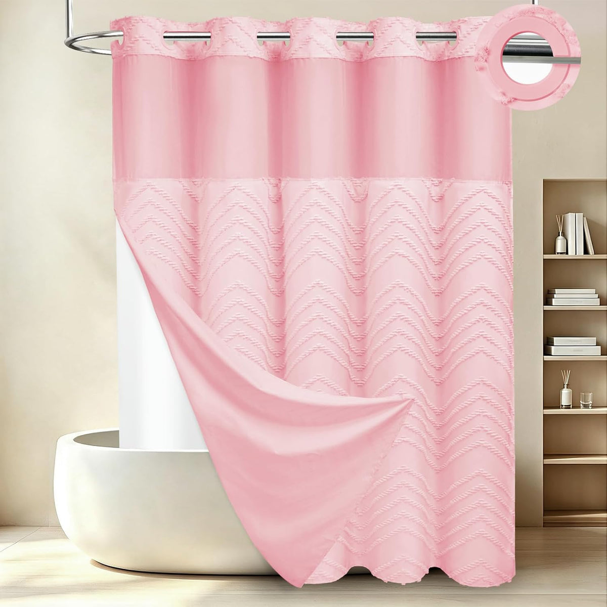 WONICY Ringless Tufted Chevron Shower Curtain with Liner, Pink, 71x74