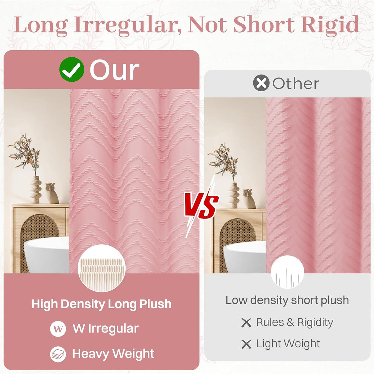 WONICY Ringless Tufted Chevron Shower Curtain with Liner, Pink, 71x74