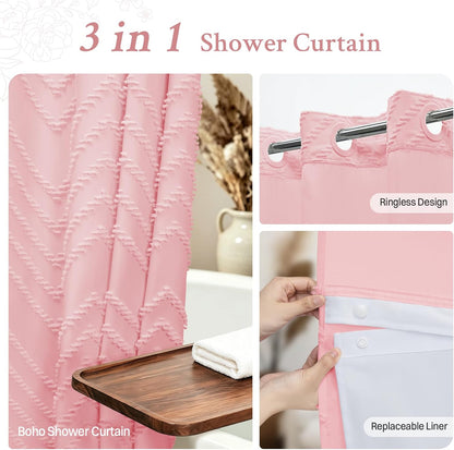 WONICY Ringless Tufted Chevron Shower Curtain with Liner, Pink, 71x74