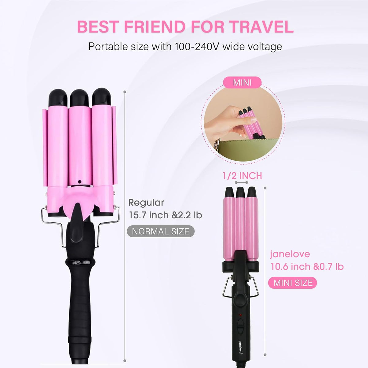 Mini Hair Crimper, 1/2 Inch Beach Waves Curling Iron, Hair Waver for Short & Medium with 3 Ceramic Barrels, Home and Travel Friendly Crimper Hair Tool, Dual Voltage, 392℉ Fast Heating