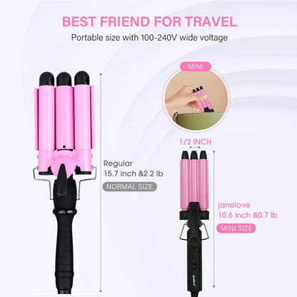 Mini Hair Crimper, 1/2 Inch Beach Waves Curling Iron, Hair Waver for Short & Medium with 3 Ceramic Barrels, Home and Travel Friendly Crimper Hair Tool, Dual Voltage, 392℉ Fast Heating