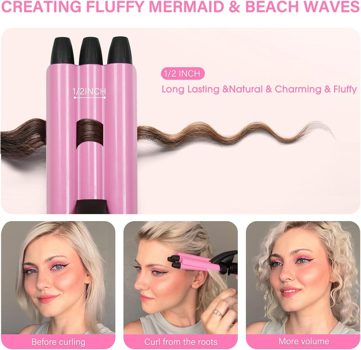 Mini Hair Crimper, 1/2 Inch Beach Waves Curling Iron, Hair Waver for Short & Medium with 3 Ceramic Barrels, Home and Travel Friendly Crimper Hair Tool, Dual Voltage, 392℉ Fast Heating