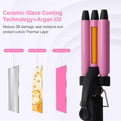 Mini Hair Crimper, 1/2 Inch Beach Waves Curling Iron, Hair Waver for Short & Medium with 3 Ceramic Barrels, Home and Travel Friendly Crimper Hair Tool, Dual Voltage, 392℉ Fast Heating