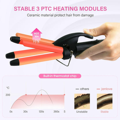 Mini Hair Crimper, 1/2 Inch Beach Waves Curling Iron, Hair Waver for Short & Medium with 3 Ceramic Barrels, Home and Travel Friendly Crimper Hair Tool, Dual Voltage, 392℉ Fast Heating