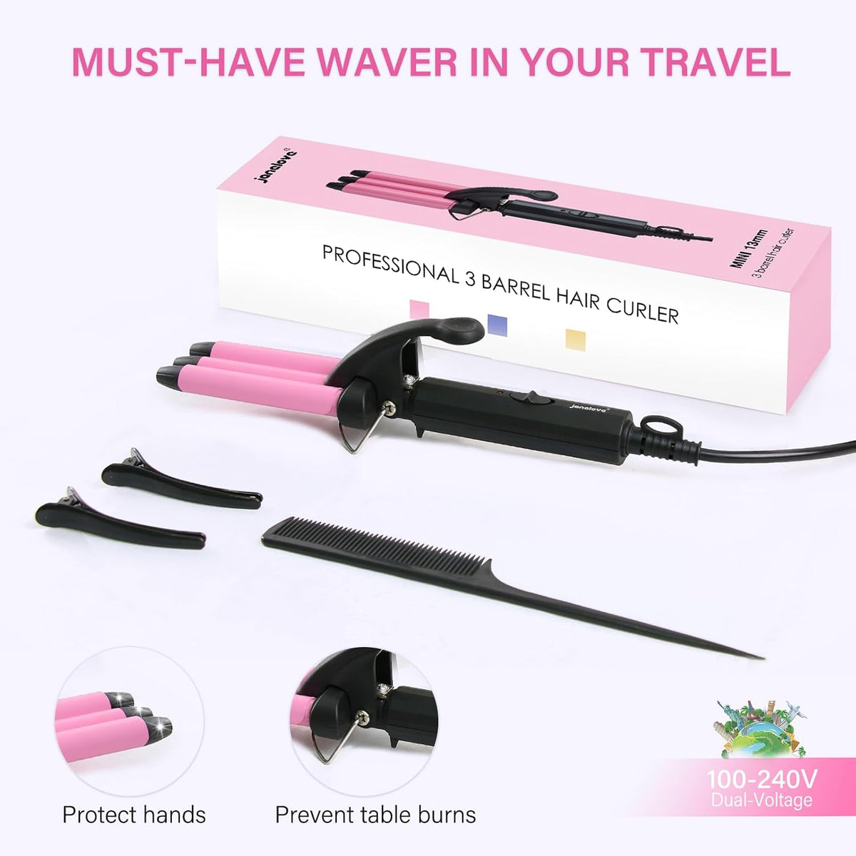Mini Hair Crimper, 1/2 Inch Beach Waves Curling Iron, Hair Waver for Short & Medium with 3 Ceramic Barrels, Home and Travel Friendly Crimper Hair Tool, Dual Voltage, 392℉ Fast Heating
