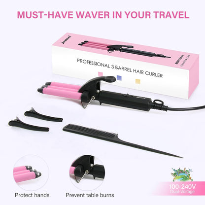 Mini Hair Crimper, 1/2 Inch Beach Waves Curling Iron, Hair Waver for Short & Medium with 3 Ceramic Barrels, Home and Travel Friendly Crimper Hair Tool, Dual Voltage, 392℉ Fast Heating