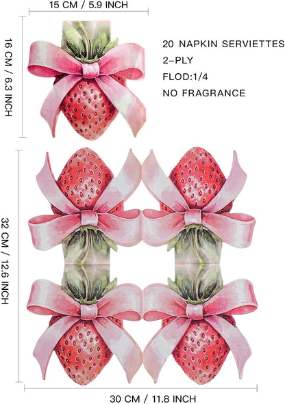 20Pcs Strawberry Paper Napkins - 2 Ply Strawberry Bow Shape Design Disposable Luncheon Napkin for Wedding, Girls Birthday Party and Tea Party - 6.3 x 5.9 In