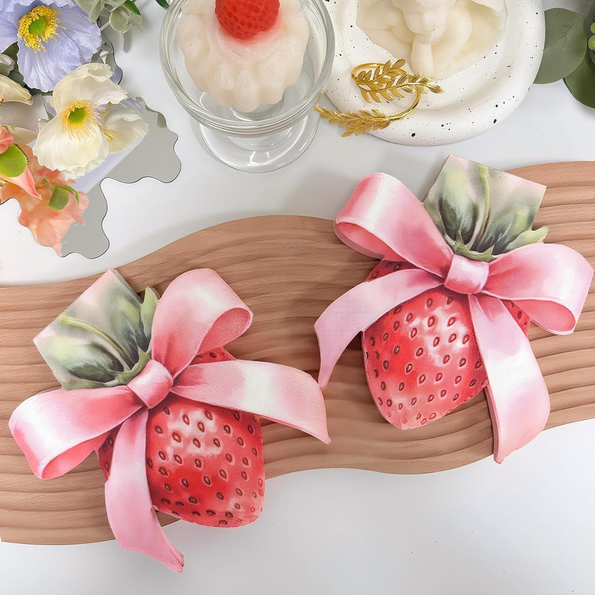 20Pcs Strawberry Paper Napkins - 2 Ply Strawberry Bow Shape Design Disposable Luncheon Napkin for Wedding, Girls Birthday Party and Tea Party - 6.3 x 5.9 In