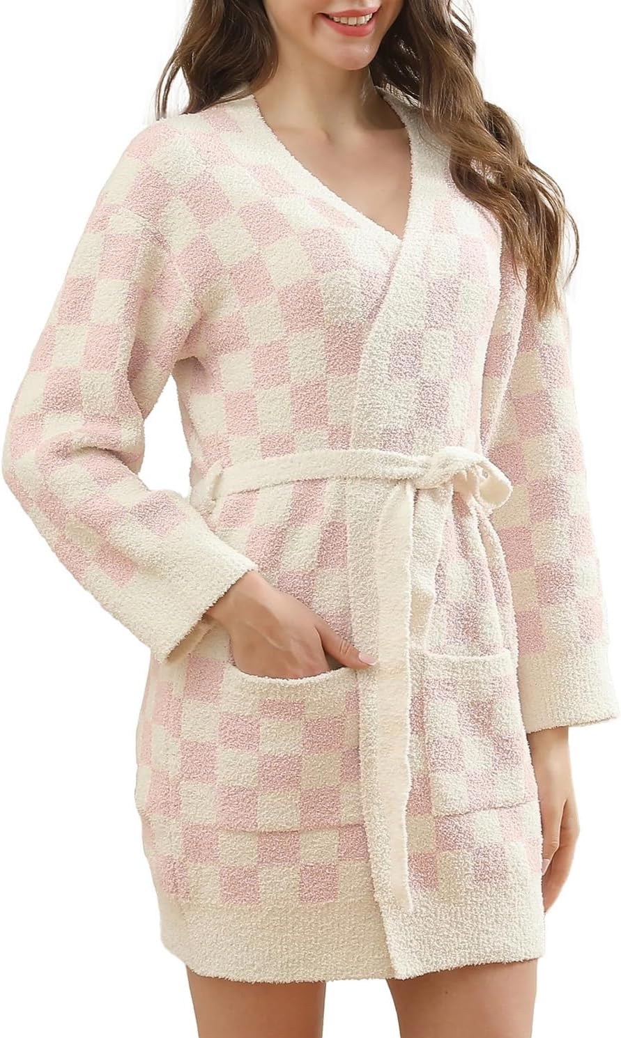 Womens Checkered Robe Soft Plush Bathrobe Soft Luxury Spa Robe with Belt Pockets Long House Loungewear Coat