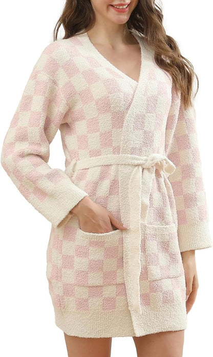 Womens Checkered Robe Soft Plush Bathrobe Soft Luxury Spa Robe with Belt Pockets Long House Loungewear Coat