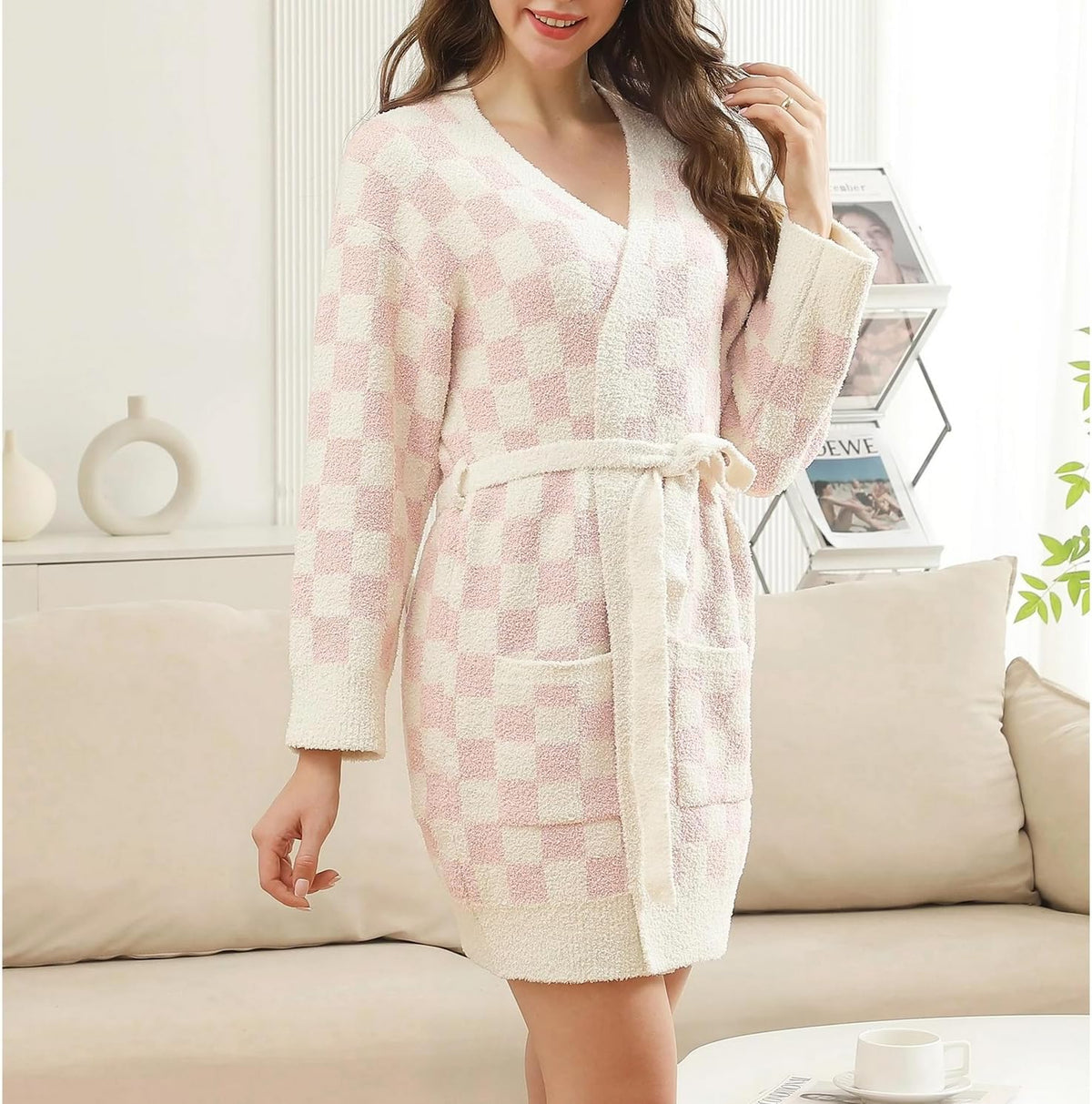 Womens Checkered Robe Soft Plush Bathrobe Soft Luxury Spa Robe with Belt Pockets Long House Loungewear Coat