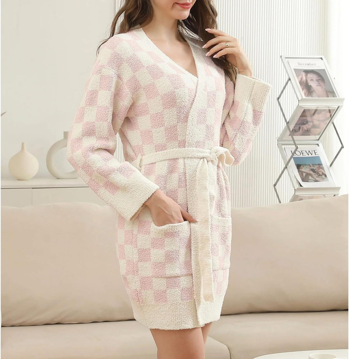 Womens Checkered Robe Soft Plush Bathrobe Soft Luxury Spa Robe with Belt Pockets Long House Loungewear Coat