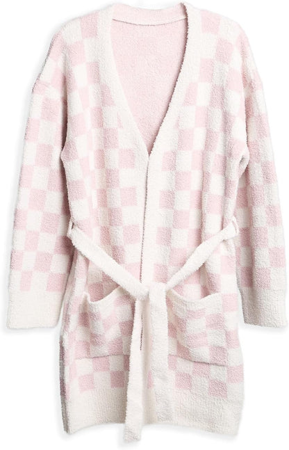 Womens Checkered Robe Soft Plush Bathrobe Soft Luxury Spa Robe with Belt Pockets Long House Loungewear Coat