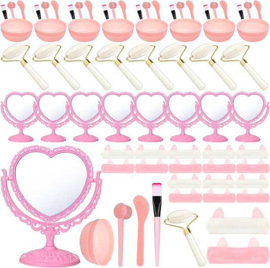 8 Set Spa Party Supplies for Women Spa Party Favors Bulk Include Heart Shaped Mirrors Jade Roller Face Mask Mixing Bowl with Stick Headbands Pink Birthday Gifts Sleepover Parties Supplies