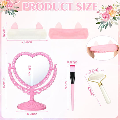 8 Set Spa Party Supplies for Women Spa Party Favors Bulk Include Heart Shaped Mirrors Jade Roller Face Mask Mixing Bowl with Stick Headbands Pink Birthday Gifts Sleepover Parties Supplies