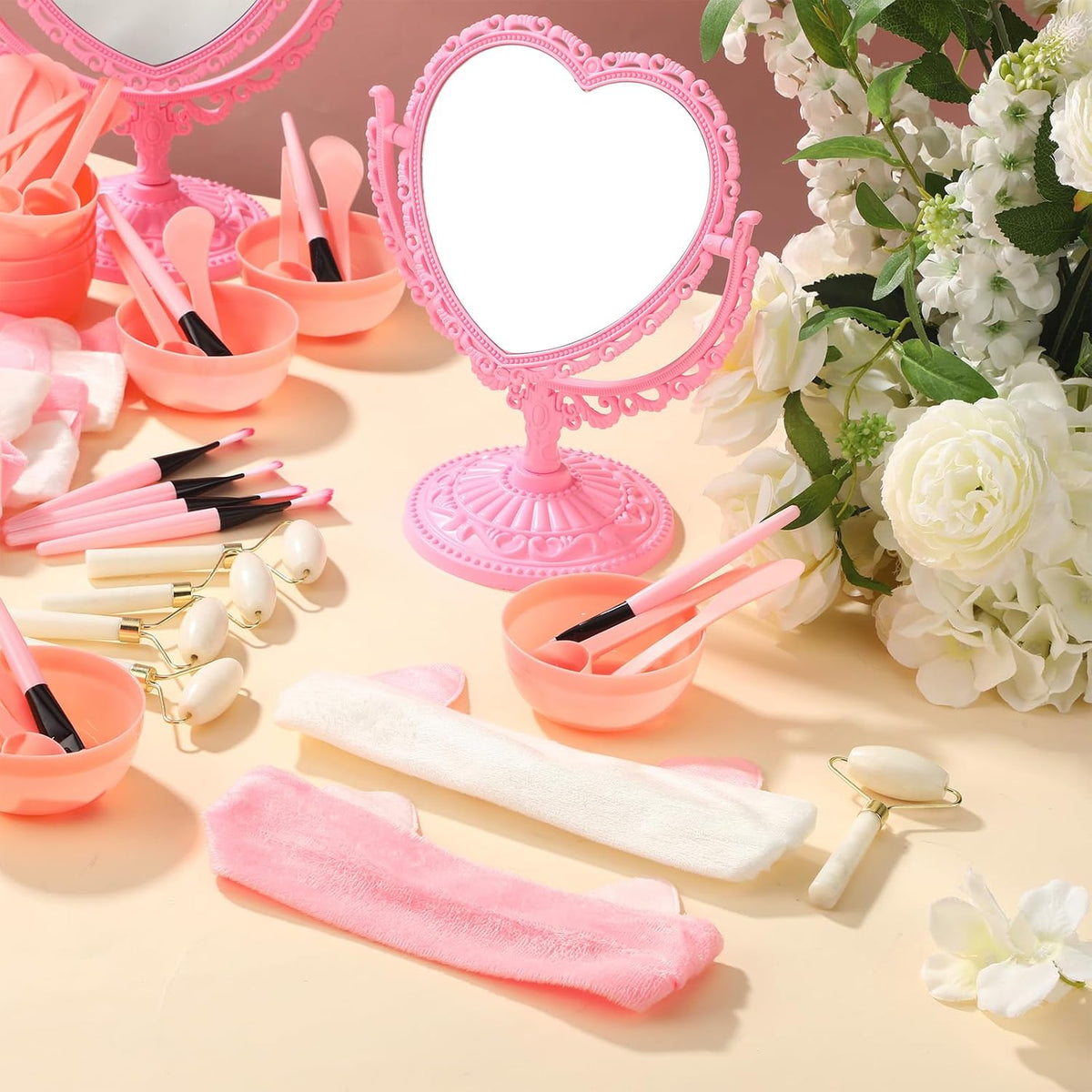 8 Set Spa Party Supplies for Women Spa Party Favors Bulk Include Heart Shaped Mirrors Jade Roller Face Mask Mixing Bowl with Stick Headbands Pink Birthday Gifts Sleepover Parties Supplies