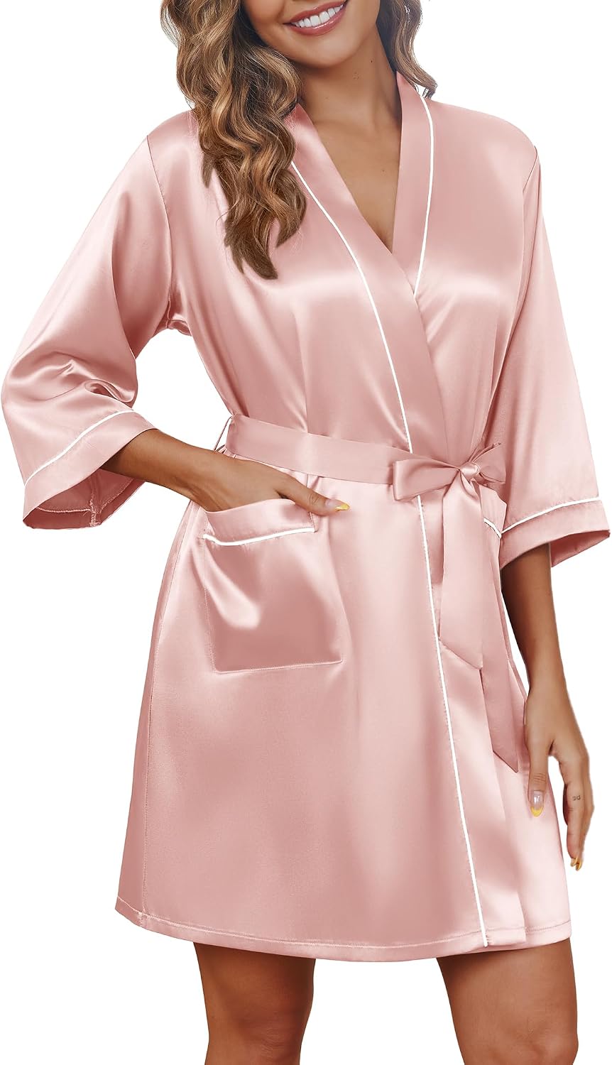 Silky Robes for Women Satin Knee Length Bride Bridesmaid Wedding Party Bathrobe Lightweight Sleepwear with Pockets