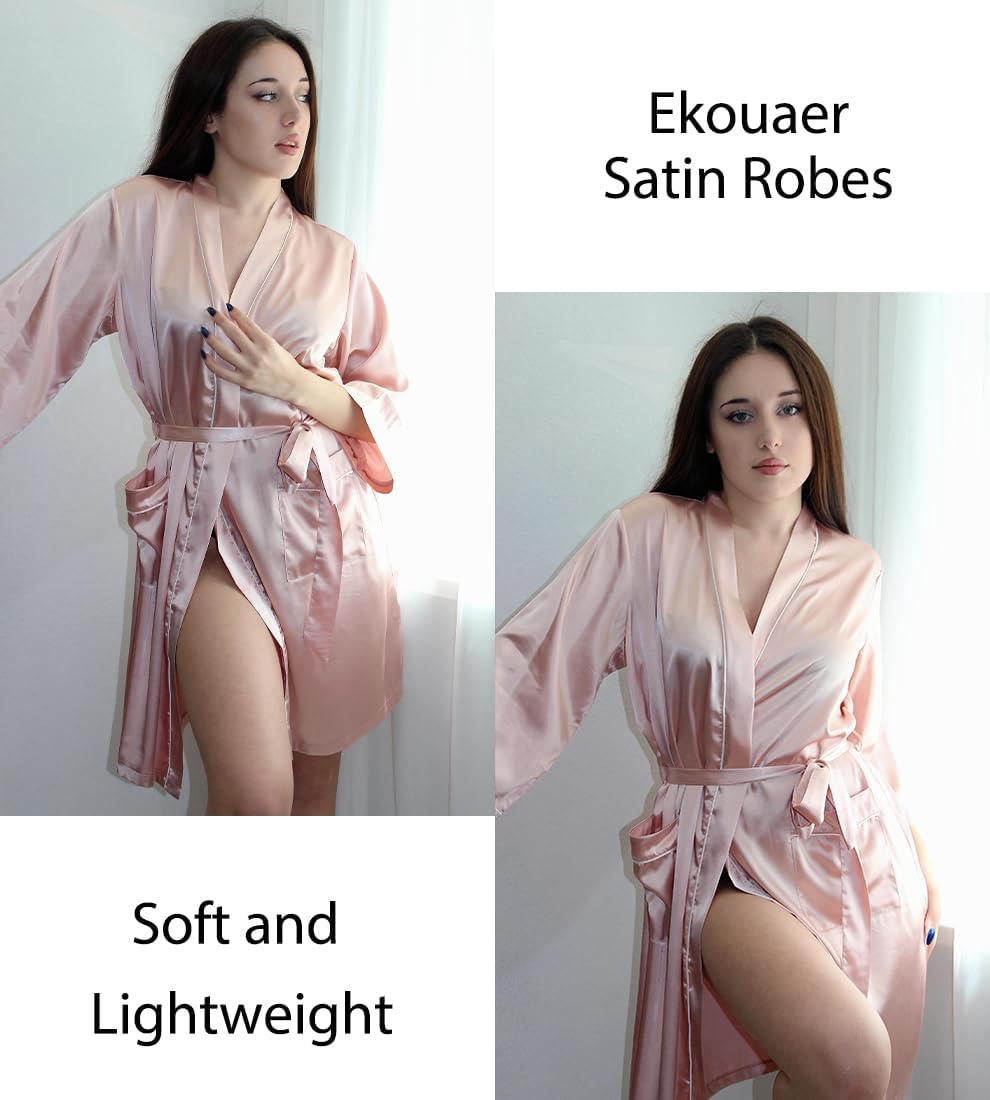 Silky Robes for Women Satin Knee Length Bride Bridesmaid Wedding Party Bathrobe Lightweight Sleepwear with Pockets