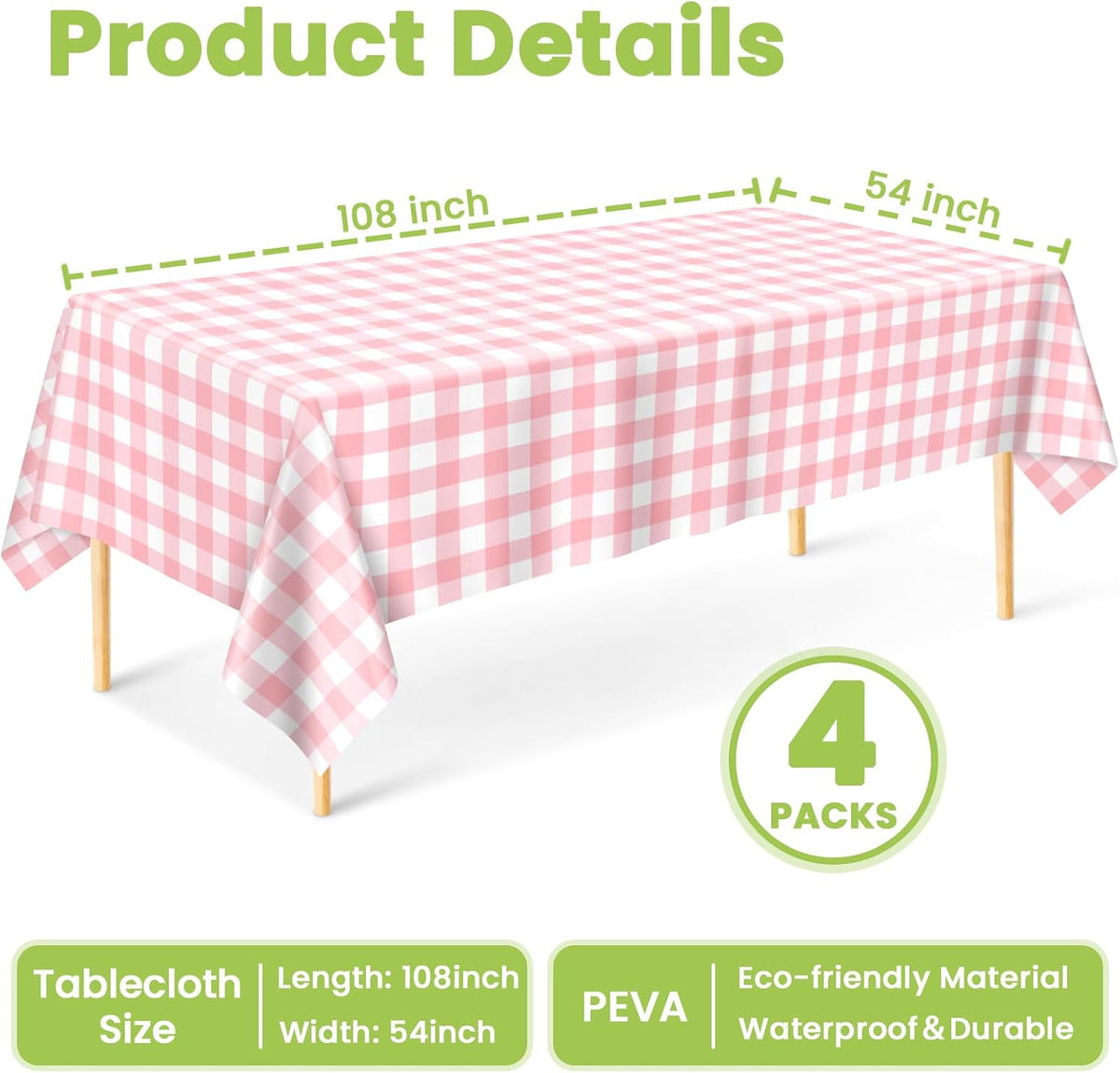 4 Pcs Pink Gingham Tablecloth 54×108in, Pink Checkered Table Cloth