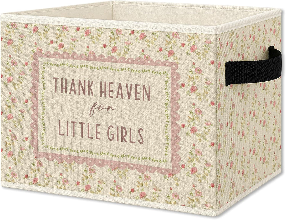 Pink Floral Girl Nursery Foldable Storage Bins Box with Handles, Thank Heaven for Little Girls Floral Collapsible Organizer Basket for Girl Nursery Room Bedroom Bathroom Clothes Books