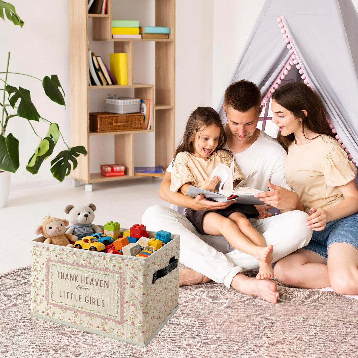 Pink Floral Girl Nursery Foldable Storage Bins Box with Handles, Thank Heaven for Little Girls Floral Collapsible Organizer Basket for Girl Nursery Room Bedroom Bathroom Clothes Books