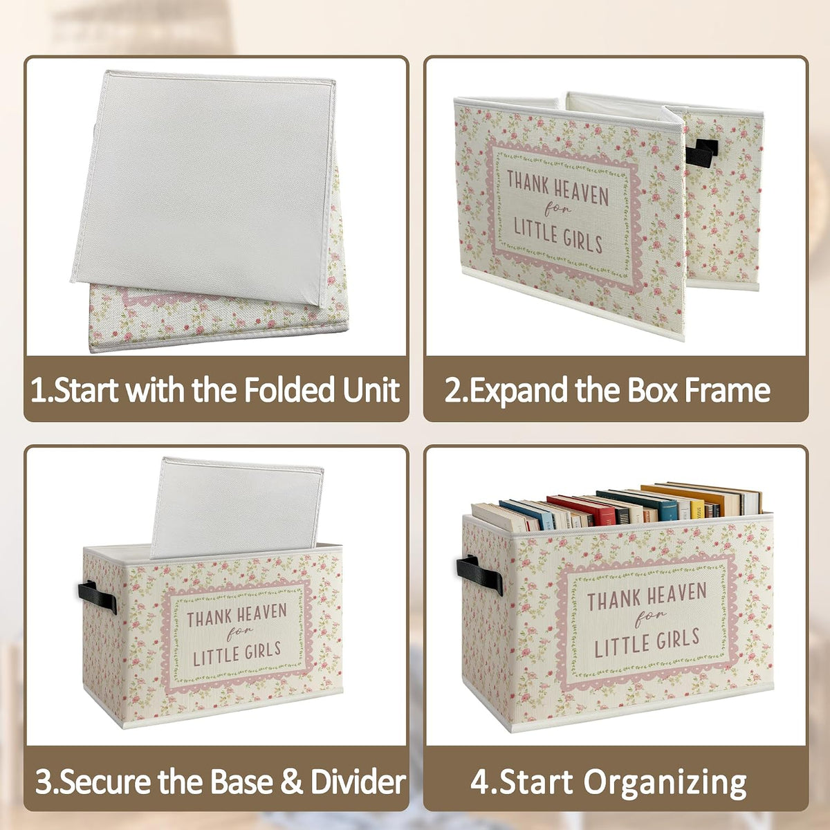 Pink Floral Girl Nursery Foldable Storage Bins Box with Handles, Thank Heaven for Little Girls Floral Collapsible Organizer Basket for Girl Nursery Room Bedroom Bathroom Clothes Books