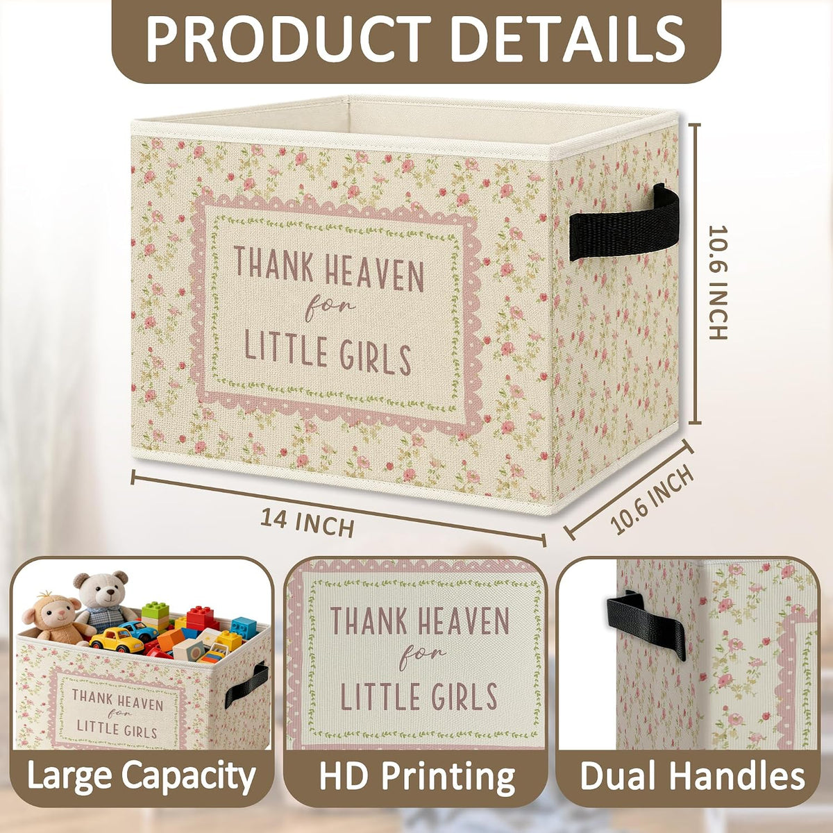 Pink Floral Girl Nursery Foldable Storage Bins Box with Handles, Thank Heaven for Little Girls Floral Collapsible Organizer Basket for Girl Nursery Room Bedroom Bathroom Clothes Books